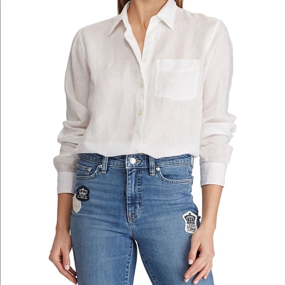 New Lauren Ralph Lauren white linen relaxed fit half button long sleeve shirt - Picture 3 of 11